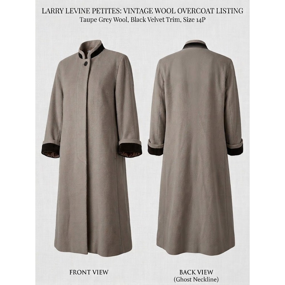 Vtg Larry Levine Petites 100% Wool Trench Overcoat Taupe Grey Velvet Trim 14P